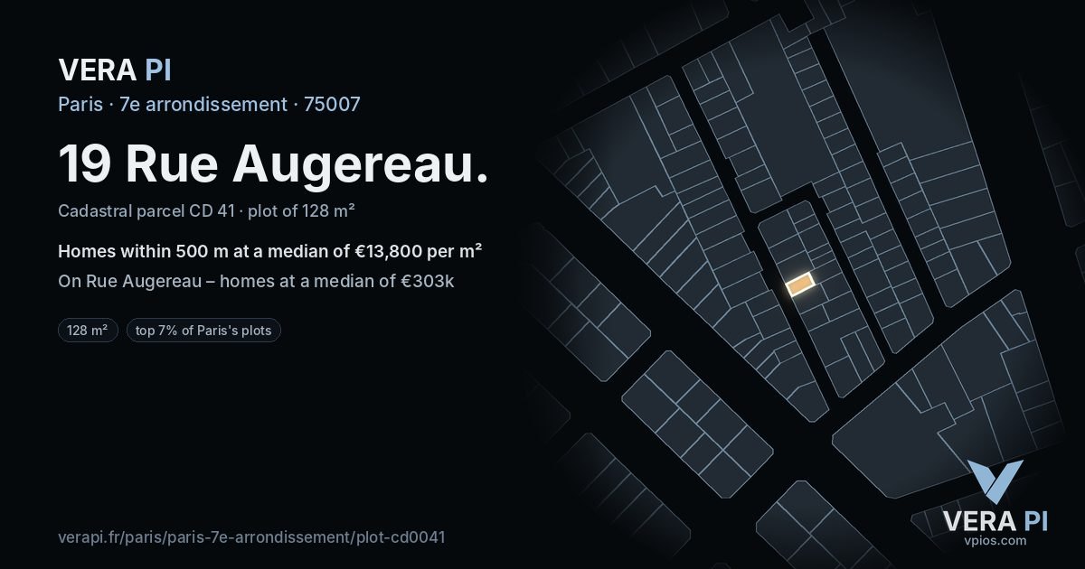19 Rue Augereau, 7e arrondissement at night – the plot lit, the parcels around coloured by the prices near them