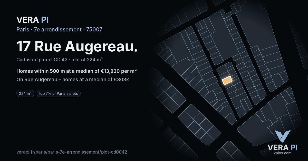 17 Rue Augereau, 7e arrondissement at night – the plot lit, the parcels around coloured by the prices near them