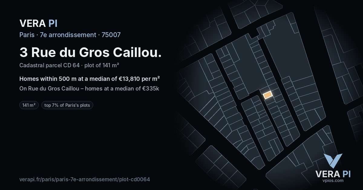 3 Rue du Gros Caillou, 7e arrondissement at night – the plot lit, the parcels around coloured by the prices near them