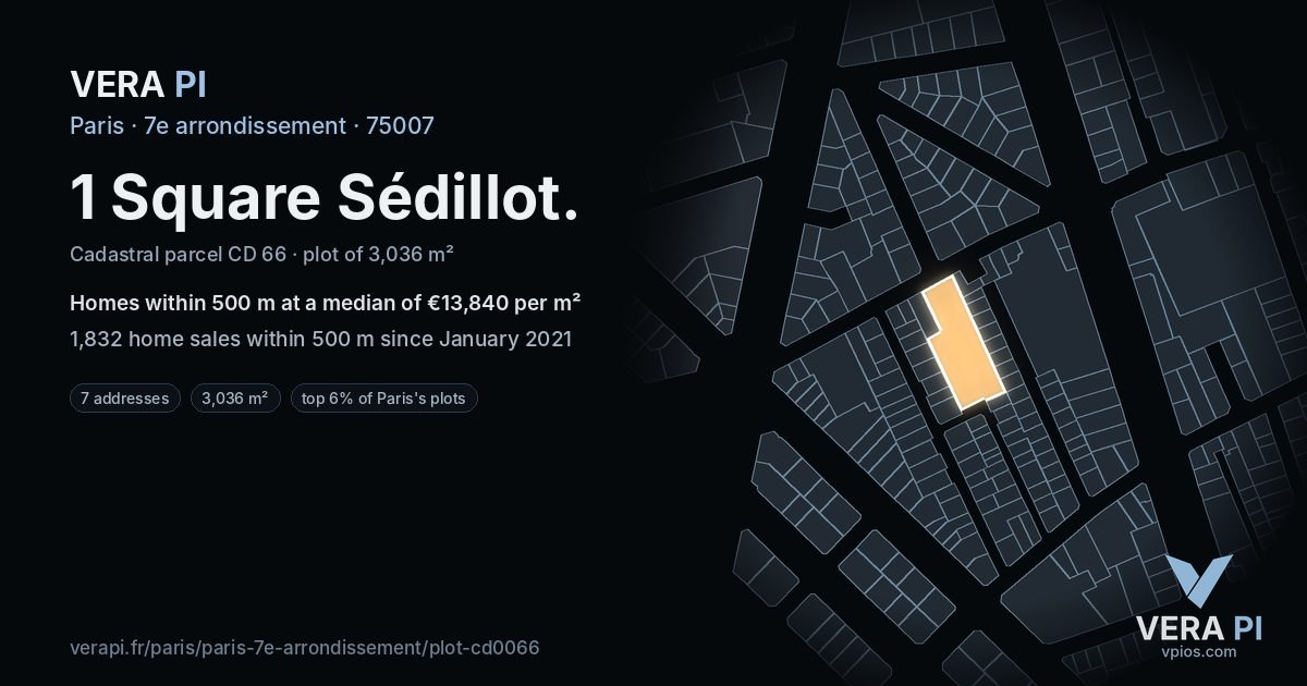 1 Square Sédillot, 7e arrondissement at night – the plot lit, the parcels around coloured by the prices near them