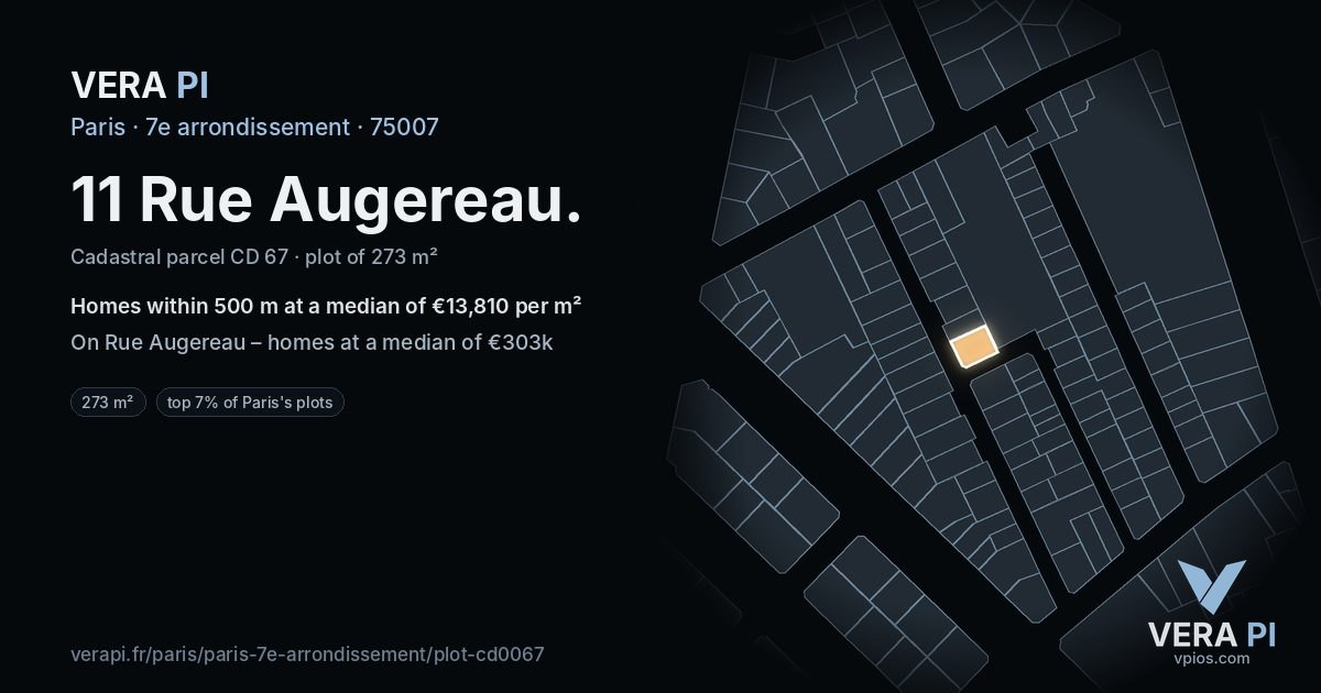 11 Rue Augereau, 7e arrondissement at night – the plot lit, the parcels around coloured by the prices near them