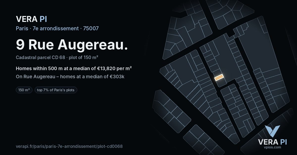 9 Rue Augereau, 7e arrondissement at night – the plot lit, the parcels around coloured by the prices near them