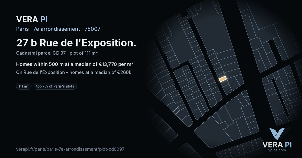27 b Rue de l'Exposition, 7e arrondissement at night – the plot lit, the parcels around coloured by the prices near them
