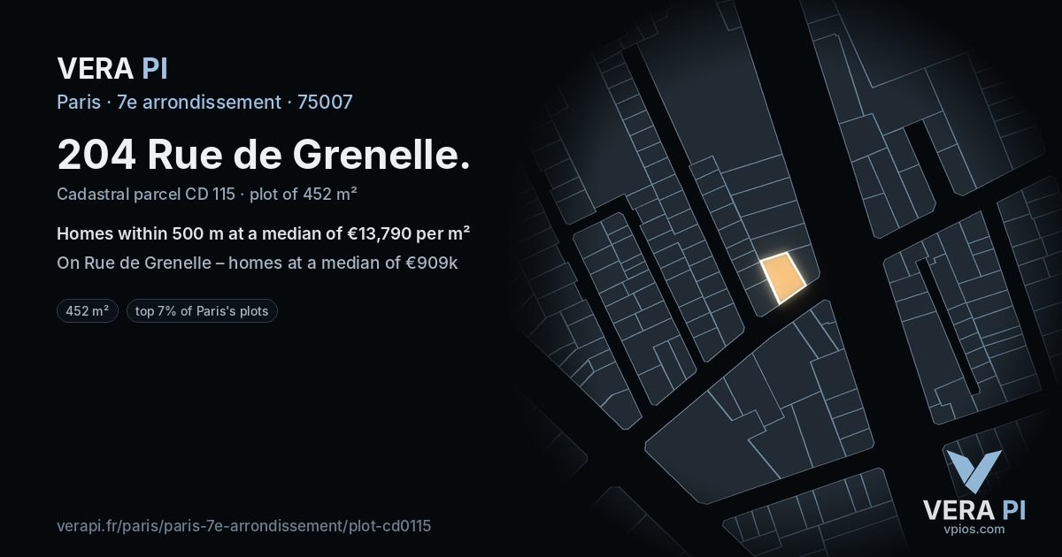 204 Rue de Grenelle, 7e arrondissement at night – the plot lit, the parcels around coloured by the prices near them