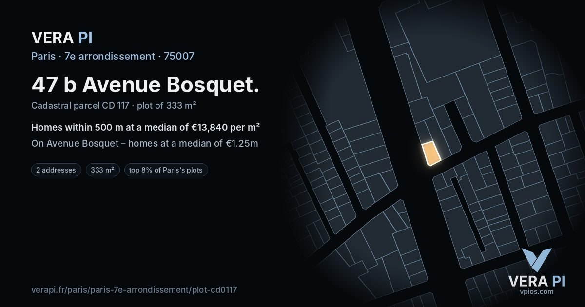 47 b Avenue Bosquet, 7e arrondissement at night – the plot lit, the parcels around coloured by the prices near them