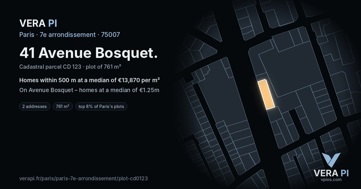 41 Avenue Bosquet, 7e arrondissement at night – the plot lit, the parcels around coloured by the prices near them
