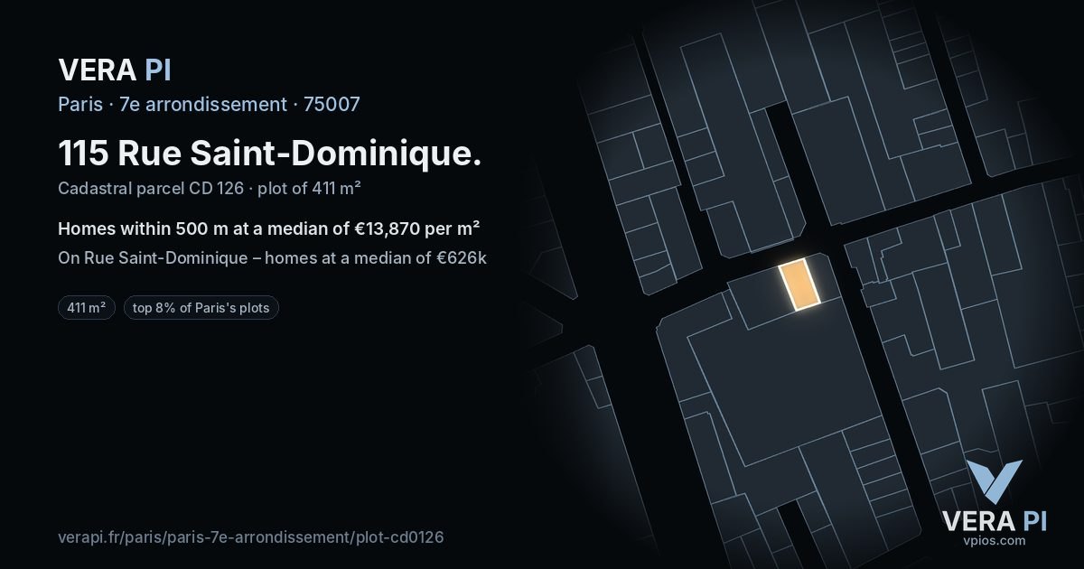 115 Rue Saint-Dominique, 7e arrondissement at night – the plot lit, the parcels around coloured by the prices near them