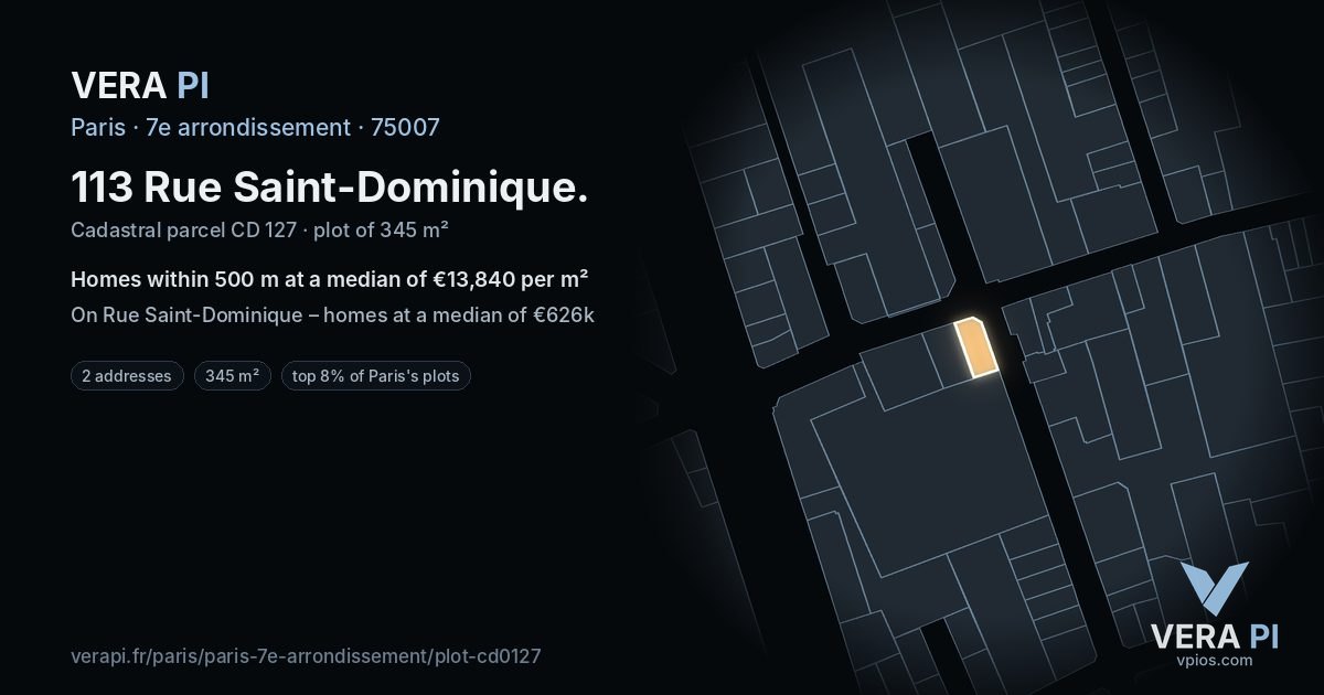 113 Rue Saint-Dominique, 7e arrondissement at night – the plot lit, the parcels around coloured by the prices near them