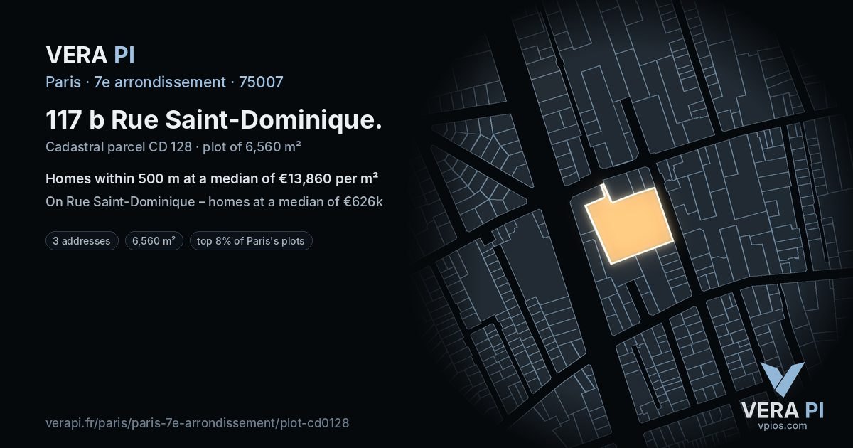 117 b Rue Saint-Dominique, 7e arrondissement at night – the plot lit, the parcels around coloured by the prices near them