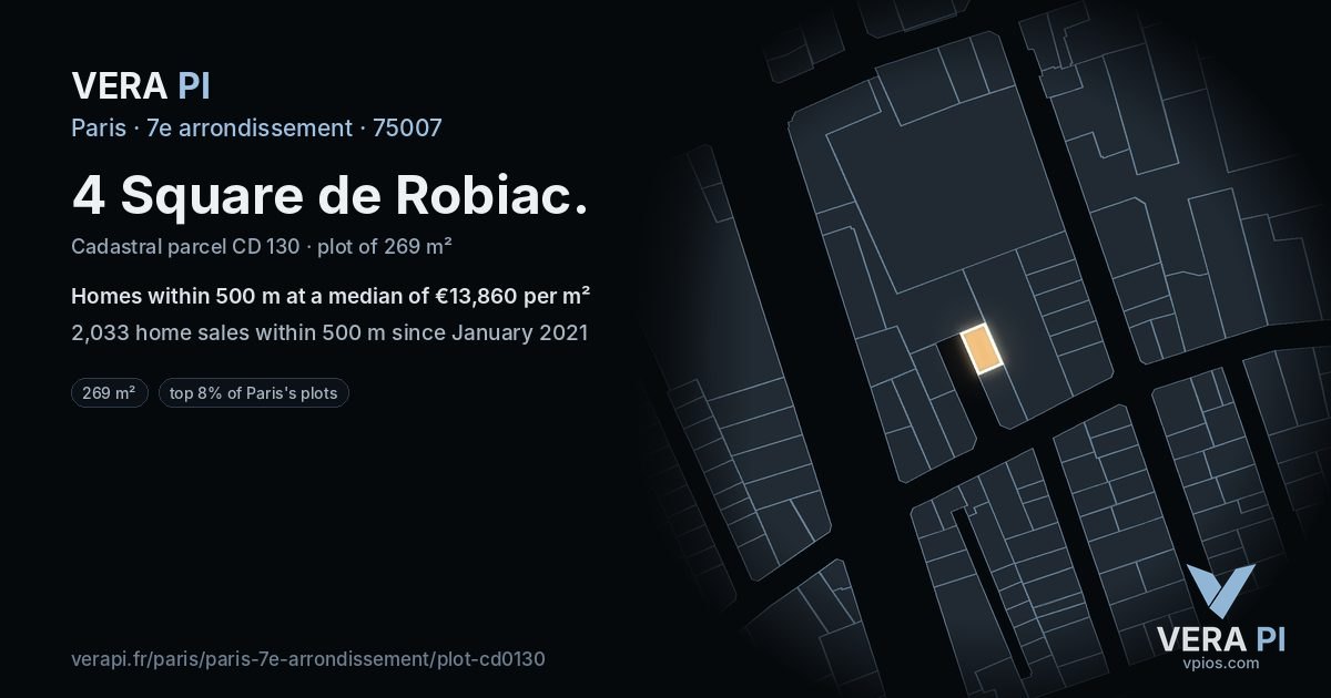 4 Square de Robiac, 7e arrondissement at night – the plot lit, the parcels around coloured by the prices near them