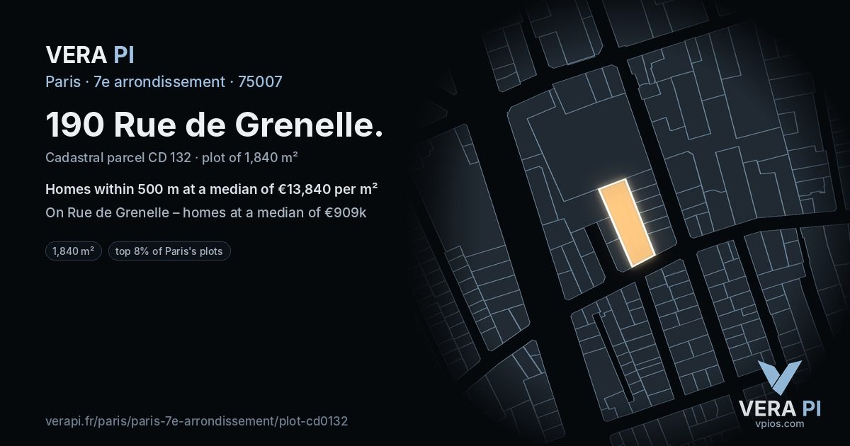 190 Rue de Grenelle, 7e arrondissement at night – the plot lit, the parcels around coloured by the prices near them