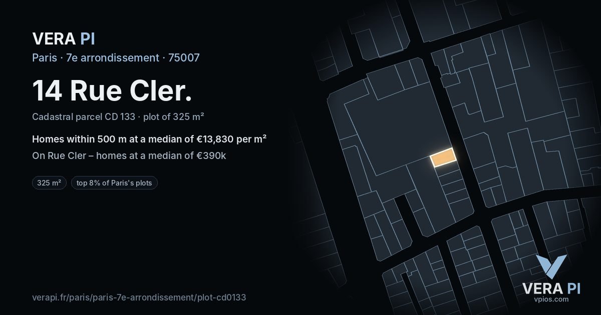 14 Rue Cler, 7e arrondissement at night – the plot lit, the parcels around coloured by the prices near them
