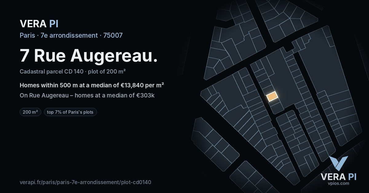 7 Rue Augereau, 7e arrondissement at night – the plot lit, the parcels around coloured by the prices near them