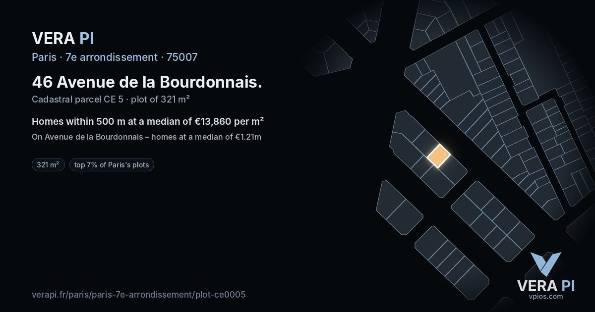 46 Avenue de la Bourdonnais, 7e arrondissement at night – the plot lit, the parcels around coloured by the prices near them
