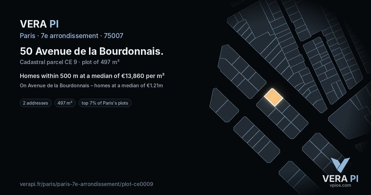 50 Avenue de la Bourdonnais, 7e arrondissement at night – the plot lit, the parcels around coloured by the prices near them