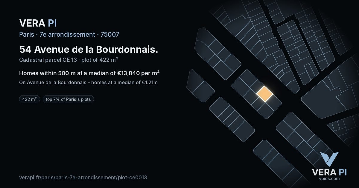 54 Avenue de la Bourdonnais, 7e arrondissement at night – the plot lit, the parcels around coloured by the prices near them
