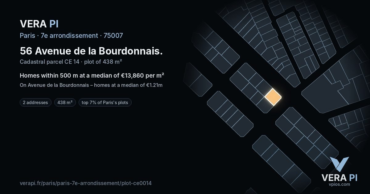 56 Avenue de la Bourdonnais, 7e arrondissement at night – the plot lit, the parcels around coloured by the prices near them