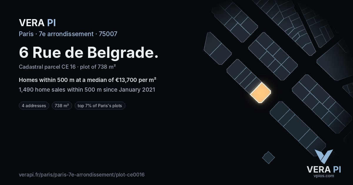 6 Rue de Belgrade, 7e arrondissement at night – the plot lit, the parcels around coloured by the prices near them