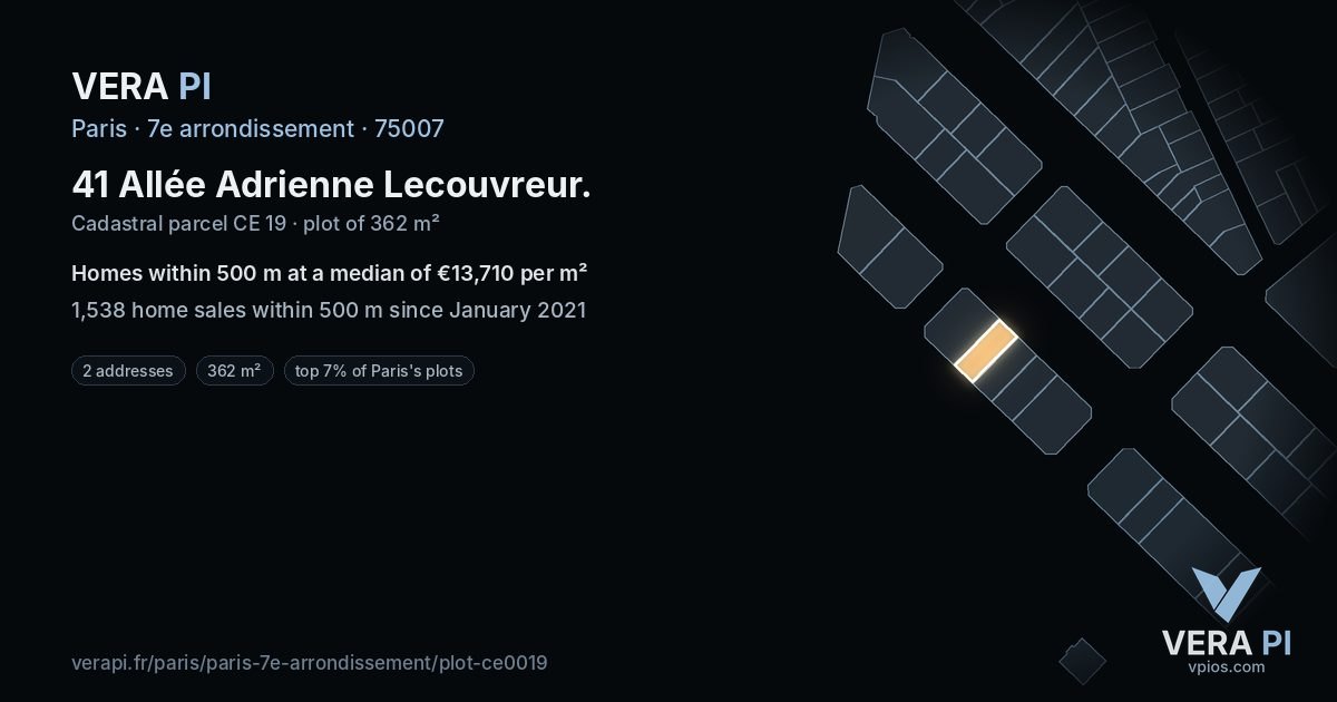 41 Allée Adrienne Lecouvreur, 7e arrondissement at night – the plot lit, the parcels around coloured by the prices near them