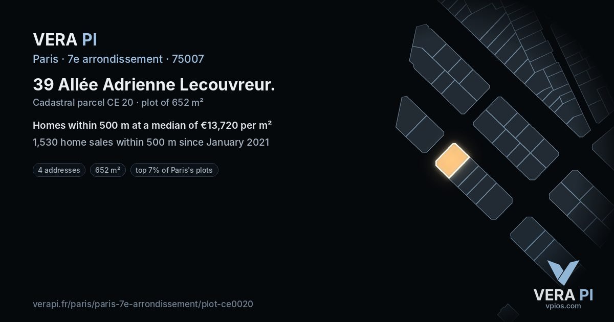 39 Allée Adrienne Lecouvreur, 7e arrondissement at night – the plot lit, the parcels around coloured by the prices near them