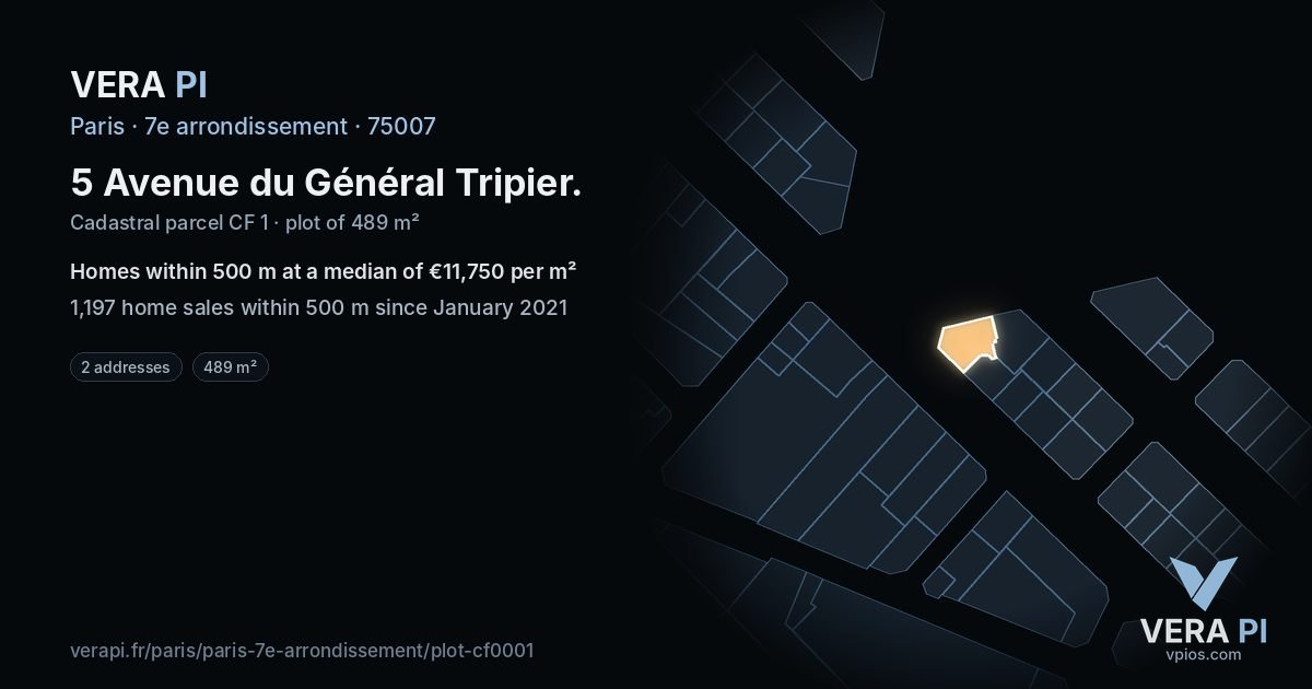 5 Avenue du Général Tripier, 7e arrondissement at night – the plot lit, the parcels around coloured by the prices near them