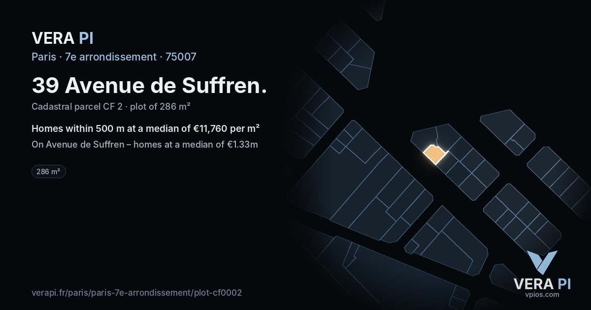 39 Avenue de Suffren, 7e arrondissement at night – the plot lit, the parcels around coloured by the prices near them