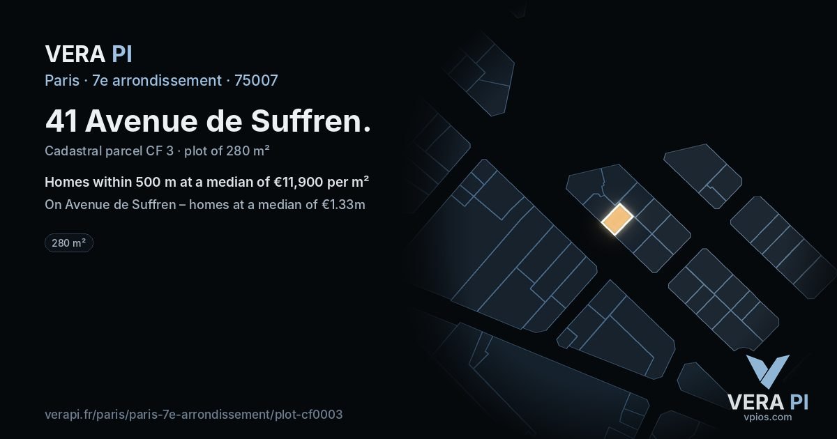 41 Avenue de Suffren, 7e arrondissement at night – the plot lit, the parcels around coloured by the prices near them