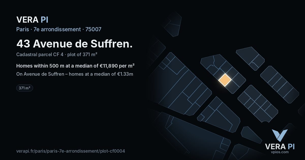 43 Avenue de Suffren, 7e arrondissement at night – the plot lit, the parcels around coloured by the prices near them