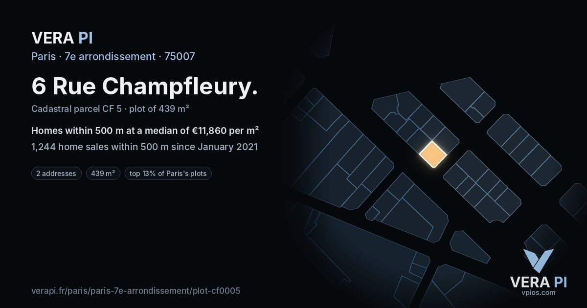 6 Rue Champfleury, 7e arrondissement at night – the plot lit, the parcels around coloured by the prices near them