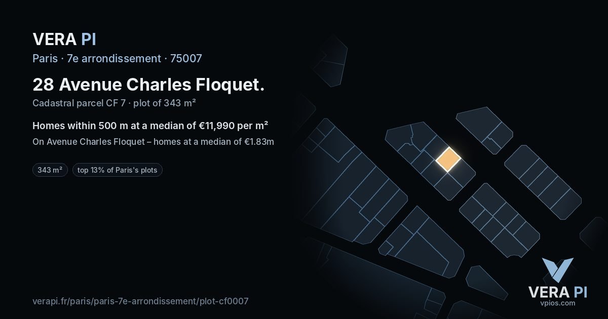 28 Avenue Charles Floquet, 7e arrondissement at night – the plot lit, the parcels around coloured by the prices near them