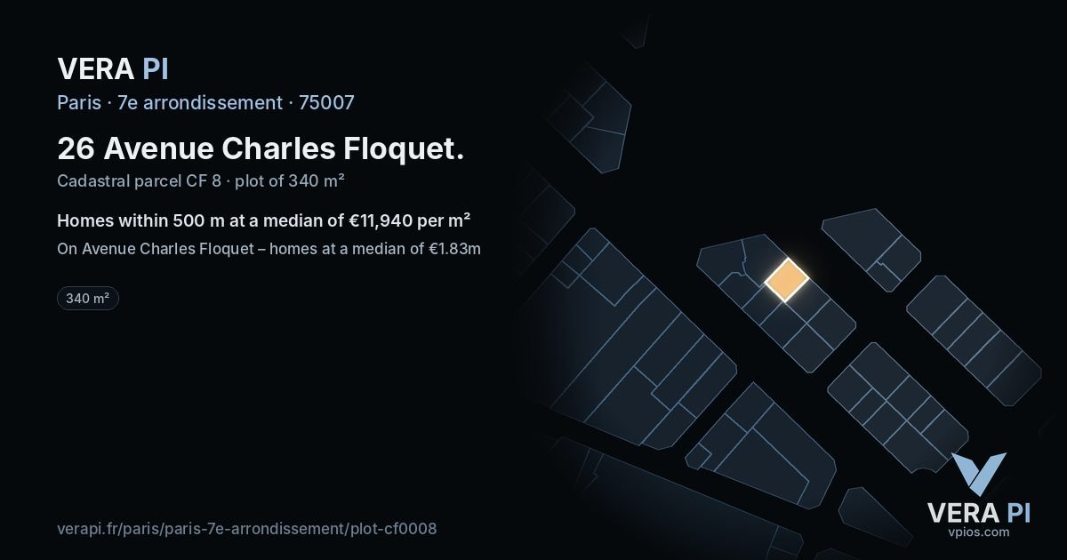 26 Avenue Charles Floquet, 7e arrondissement at night – the plot lit, the parcels around coloured by the prices near them