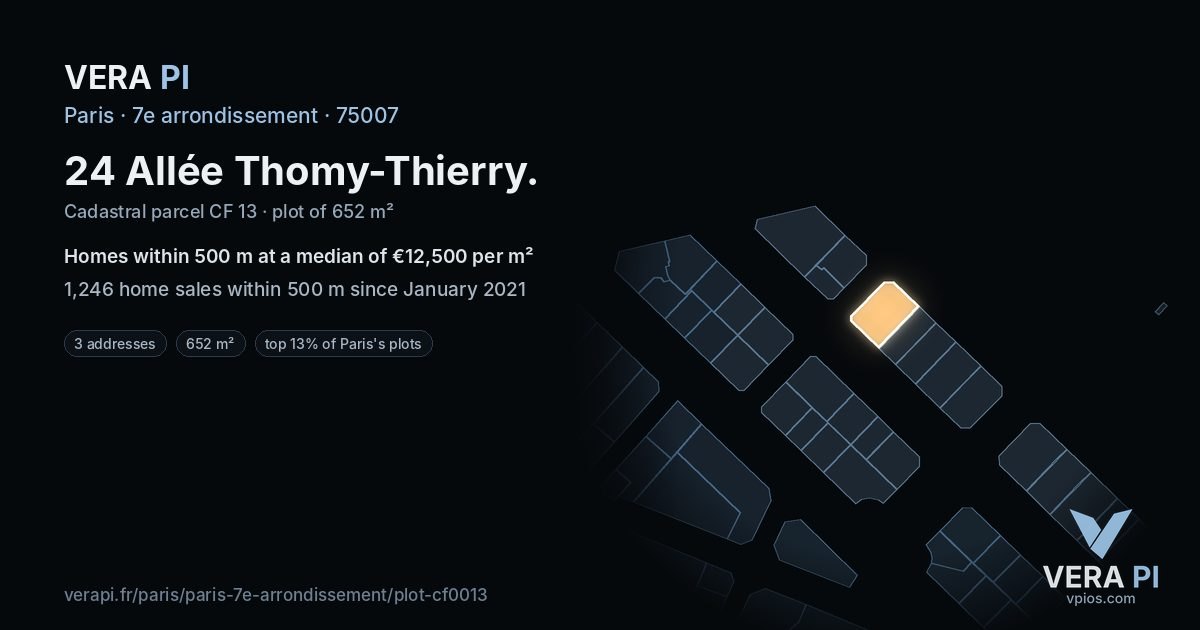 24 Allée Thomy-Thierry, 7e arrondissement at night – the plot lit, the parcels around coloured by the prices near them