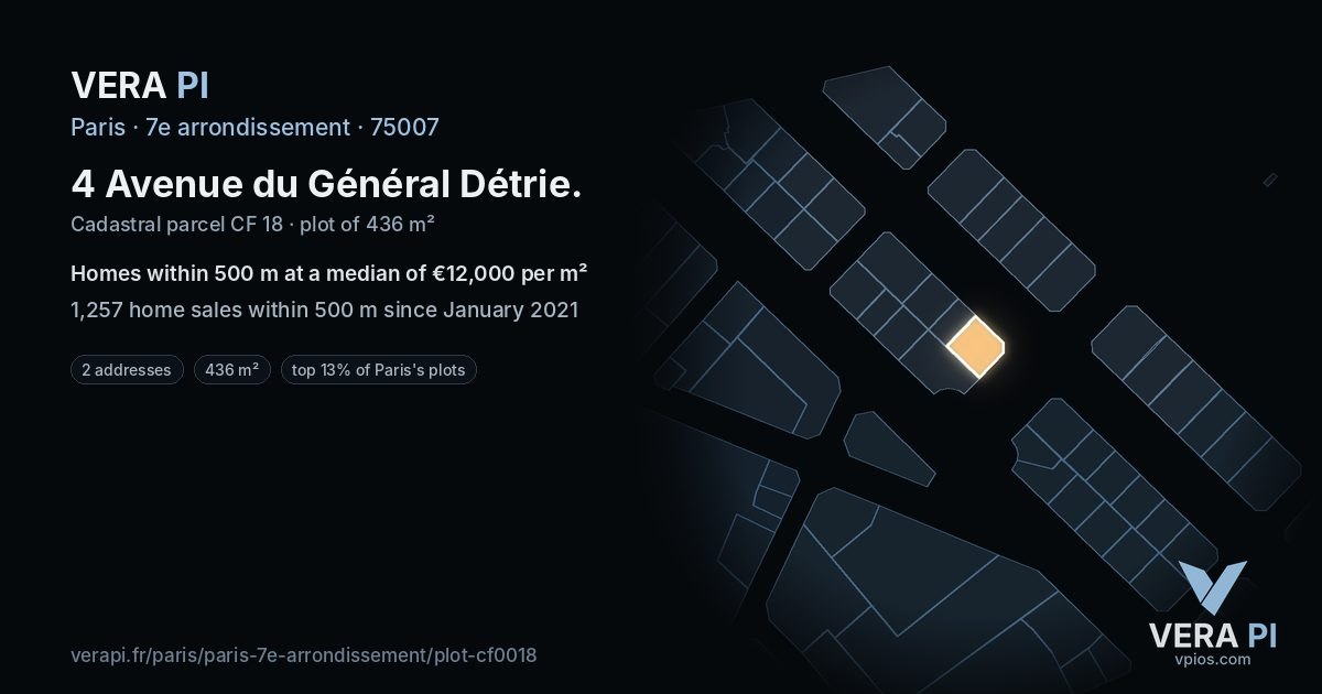 4 Avenue du Général Détrie, 7e arrondissement at night – the plot lit, the parcels around coloured by the prices near them