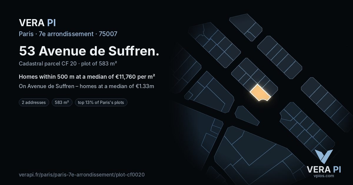 53 Avenue de Suffren, 7e arrondissement at night – the plot lit, the parcels around coloured by the prices near them