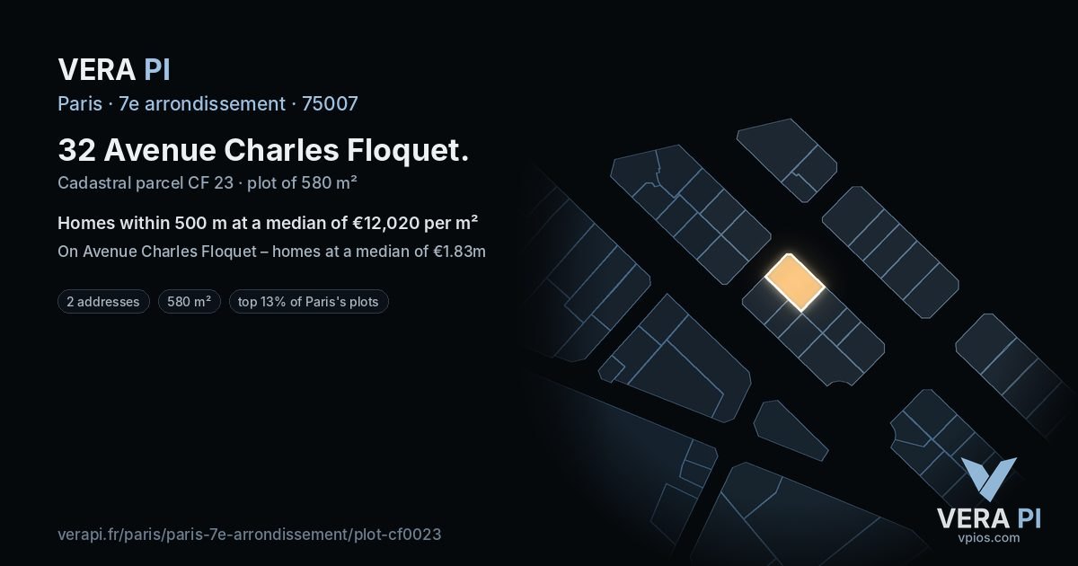 32 Avenue Charles Floquet, 7e arrondissement at night – the plot lit, the parcels around coloured by the prices near them