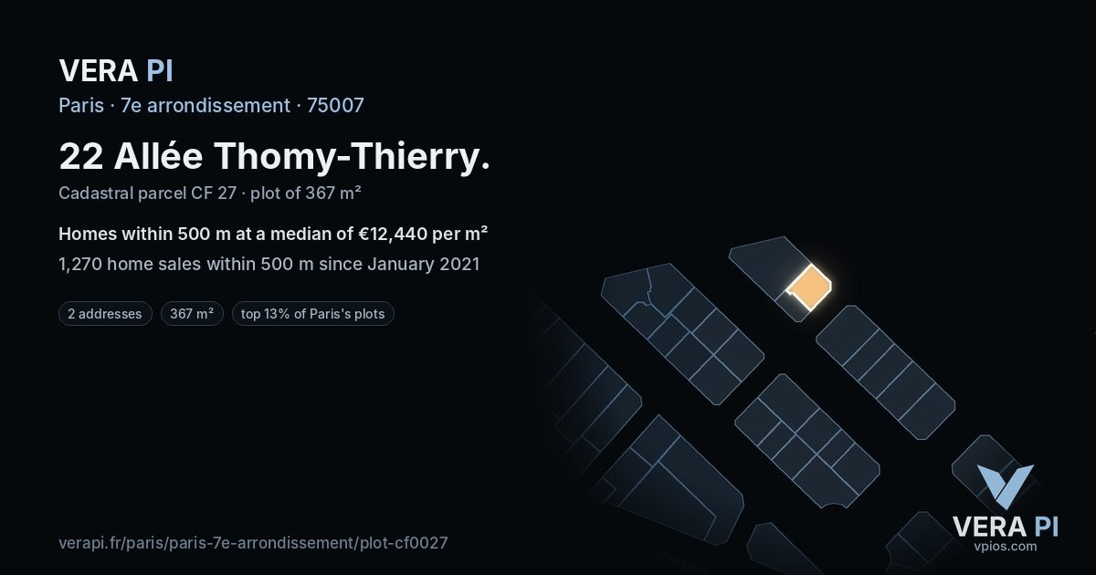 22 Allée Thomy-Thierry, 7e arrondissement at night – the plot lit, the parcels around coloured by the prices near them