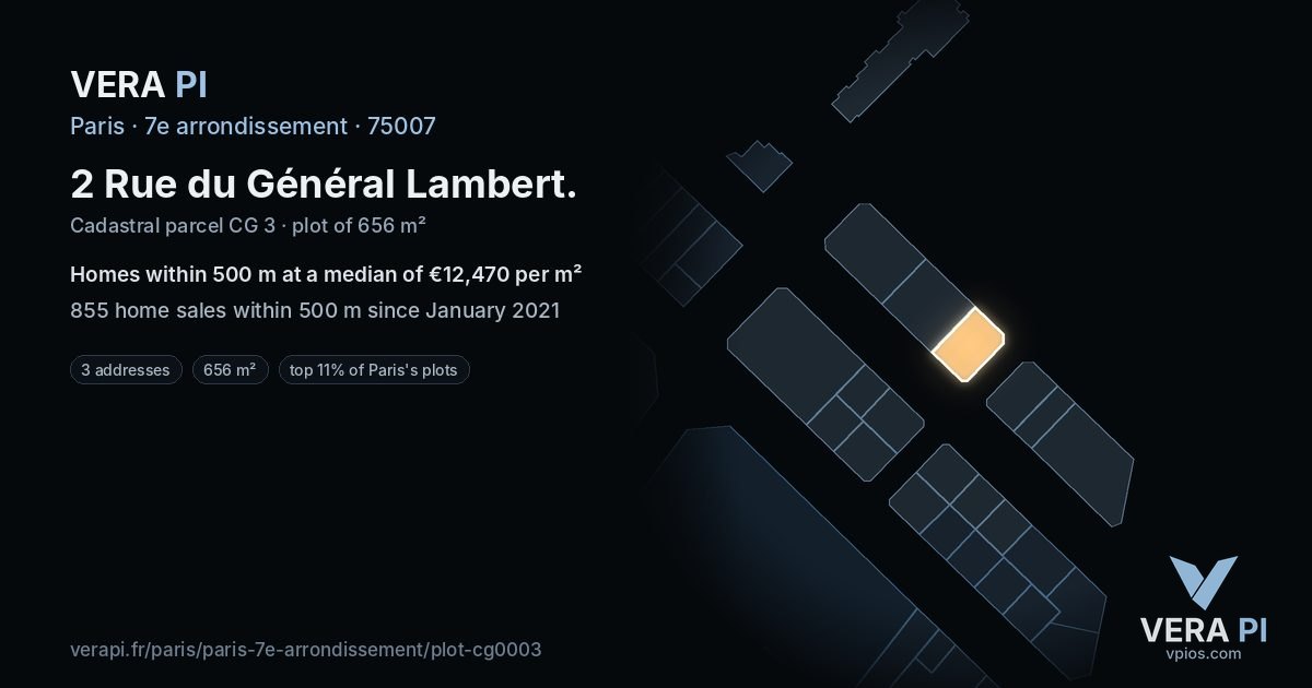 2 Rue du Général Lambert, 7e arrondissement at night – the plot lit, the parcels around coloured by the prices near them