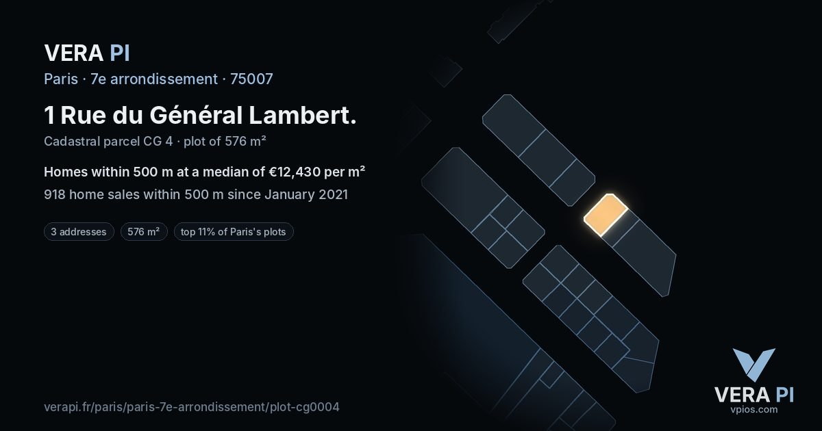 1 Rue du Général Lambert, 7e arrondissement at night – the plot lit, the parcels around coloured by the prices near them