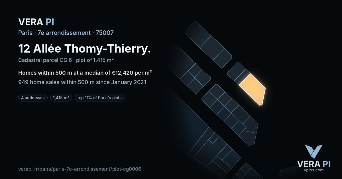 12 Allée Thomy-Thierry, 7e arrondissement at night – the plot lit, the parcels around coloured by the prices near them