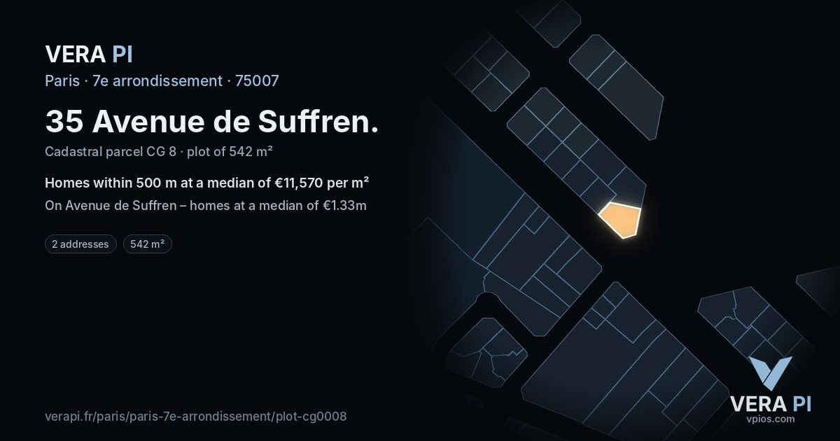 35 Avenue de Suffren, 7e arrondissement at night – the plot lit, the parcels around coloured by the prices near them