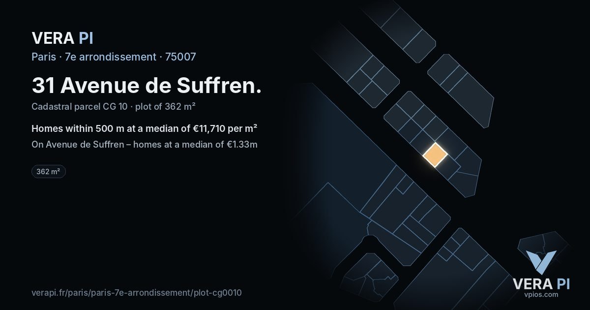 31 Avenue de Suffren, 7e arrondissement at night – the plot lit, the parcels around coloured by the prices near them