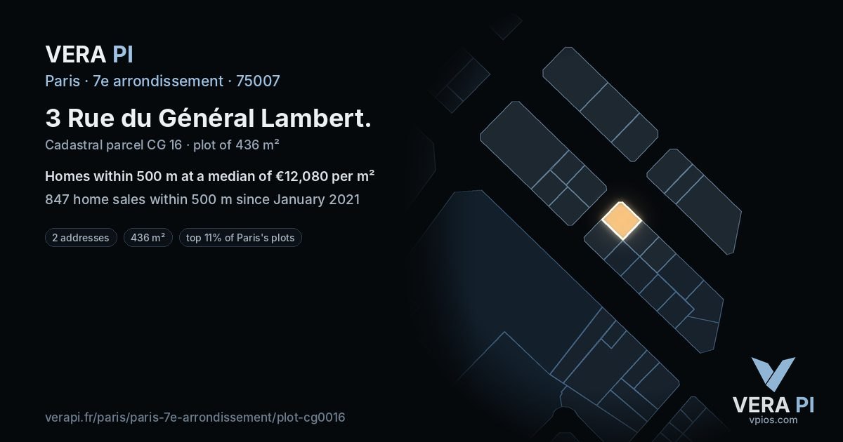 3 Rue du Général Lambert, 7e arrondissement at night – the plot lit, the parcels around coloured by the prices near them