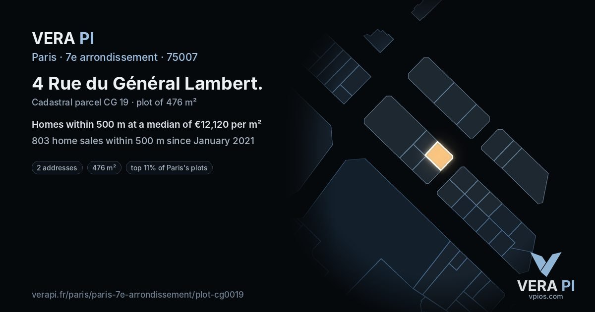 4 Rue du Général Lambert, 7e arrondissement at night – the plot lit, the parcels around coloured by the prices near them