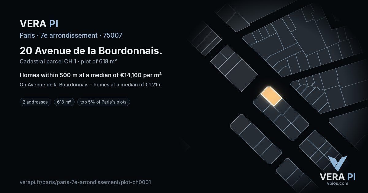 20 Avenue de la Bourdonnais, 7e arrondissement at night – the plot lit, the parcels around coloured by the prices near them