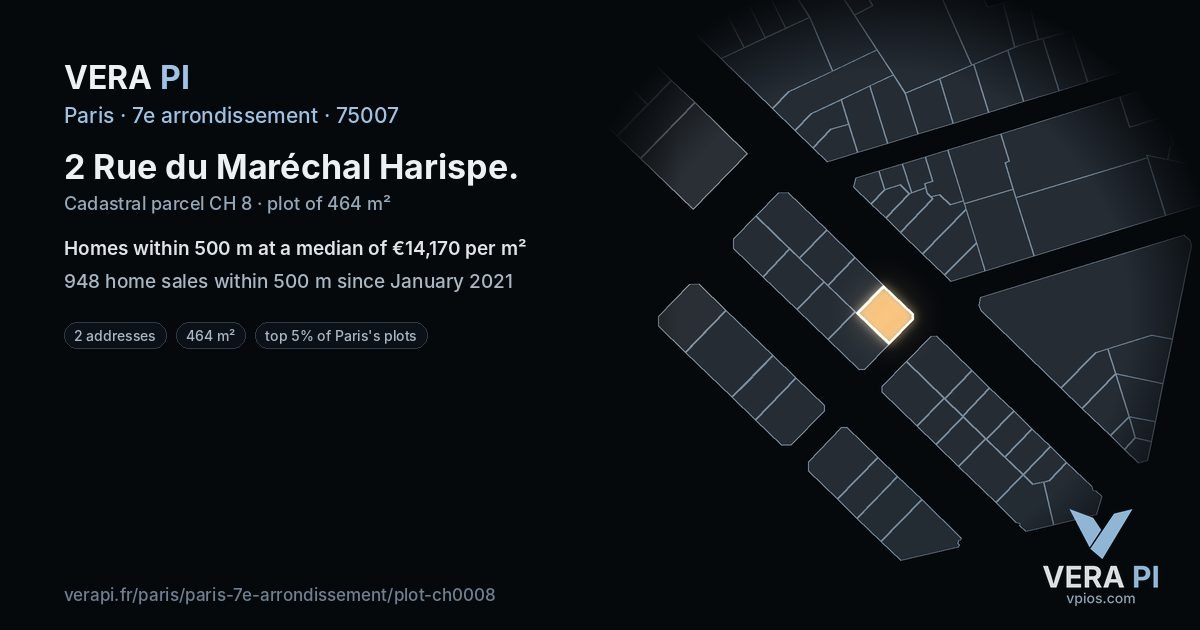 2 Rue du Maréchal Harispe, 7e arrondissement at night – the plot lit, the parcels around coloured by the prices near them
