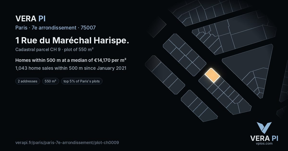 1 Rue du Maréchal Harispe, 7e arrondissement at night – the plot lit, the parcels around coloured by the prices near them