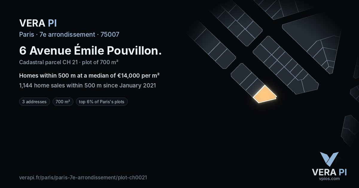 6 Avenue Émile Pouvillon, 7e arrondissement at night – the plot lit, the parcels around coloured by the prices near them