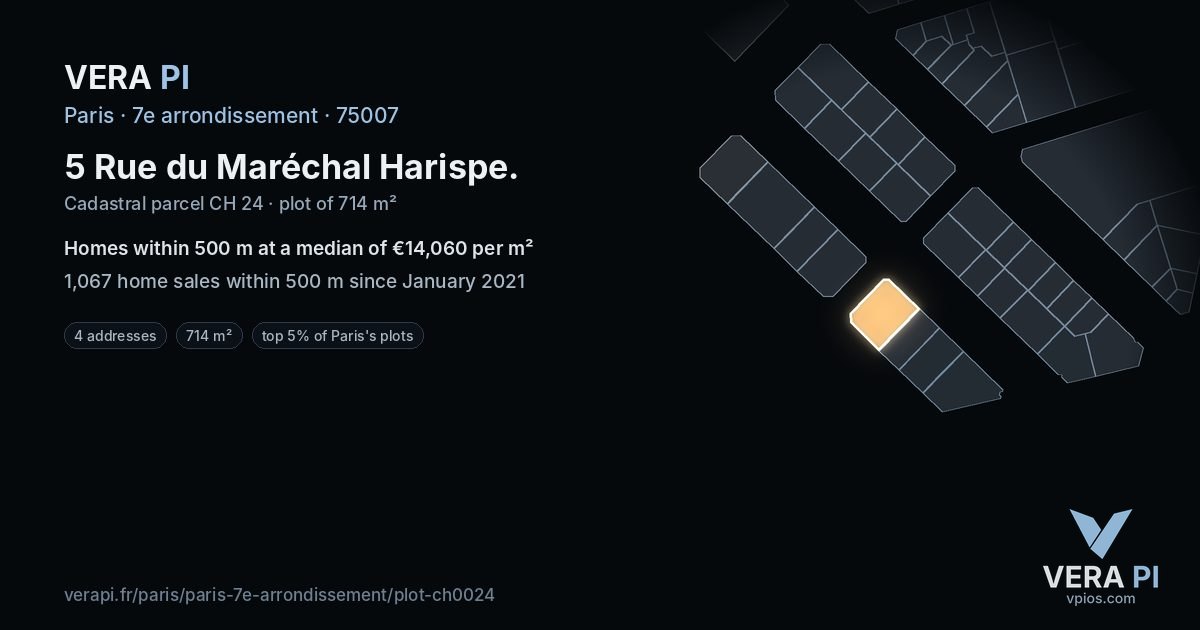 5 Rue du Maréchal Harispe, 7e arrondissement at night – the plot lit, the parcels around coloured by the prices near them