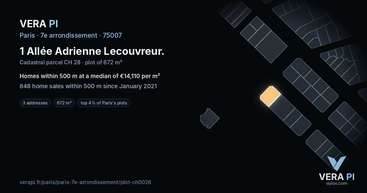 1 Allée Adrienne Lecouvreur, 7e arrondissement at night – the plot lit, the parcels around coloured by the prices near them