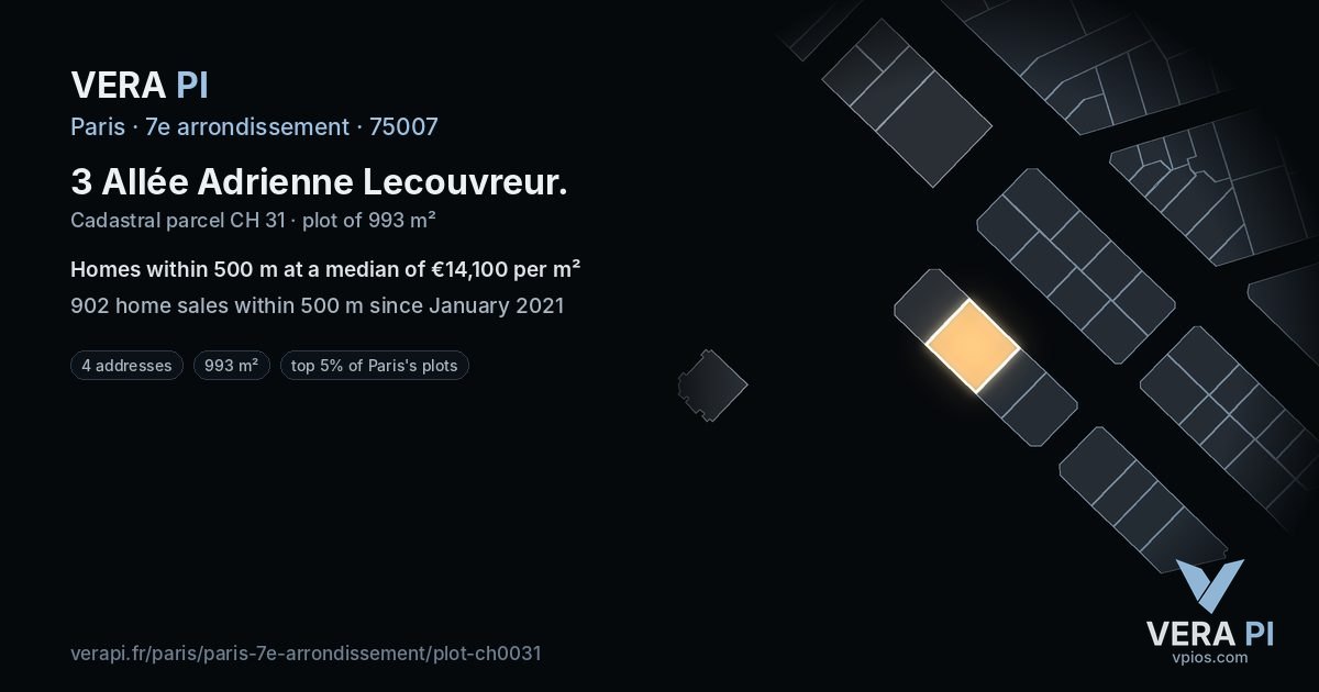 3 Allée Adrienne Lecouvreur, 7e arrondissement at night – the plot lit, the parcels around coloured by the prices near them